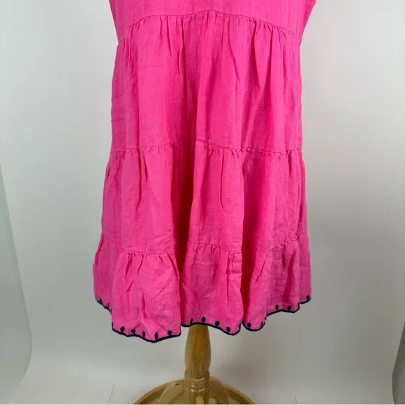 Navy Bleu Eloise Pink Embroidered Linen Flutter Sleeve Dress Size Large - Picture 4 of 14